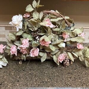 Floral Arrangement Centerpiece Pink Roses Pine Cones Rustic Cottagecore